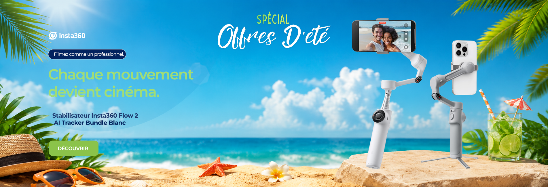 Stabilisateur Insta360 Flow 2 AI Tracker Bundle Blanc (Summit White)